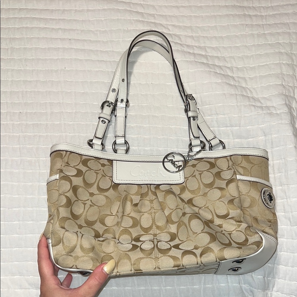Coach Tan and White Shoulder Bag with Signature Monogram